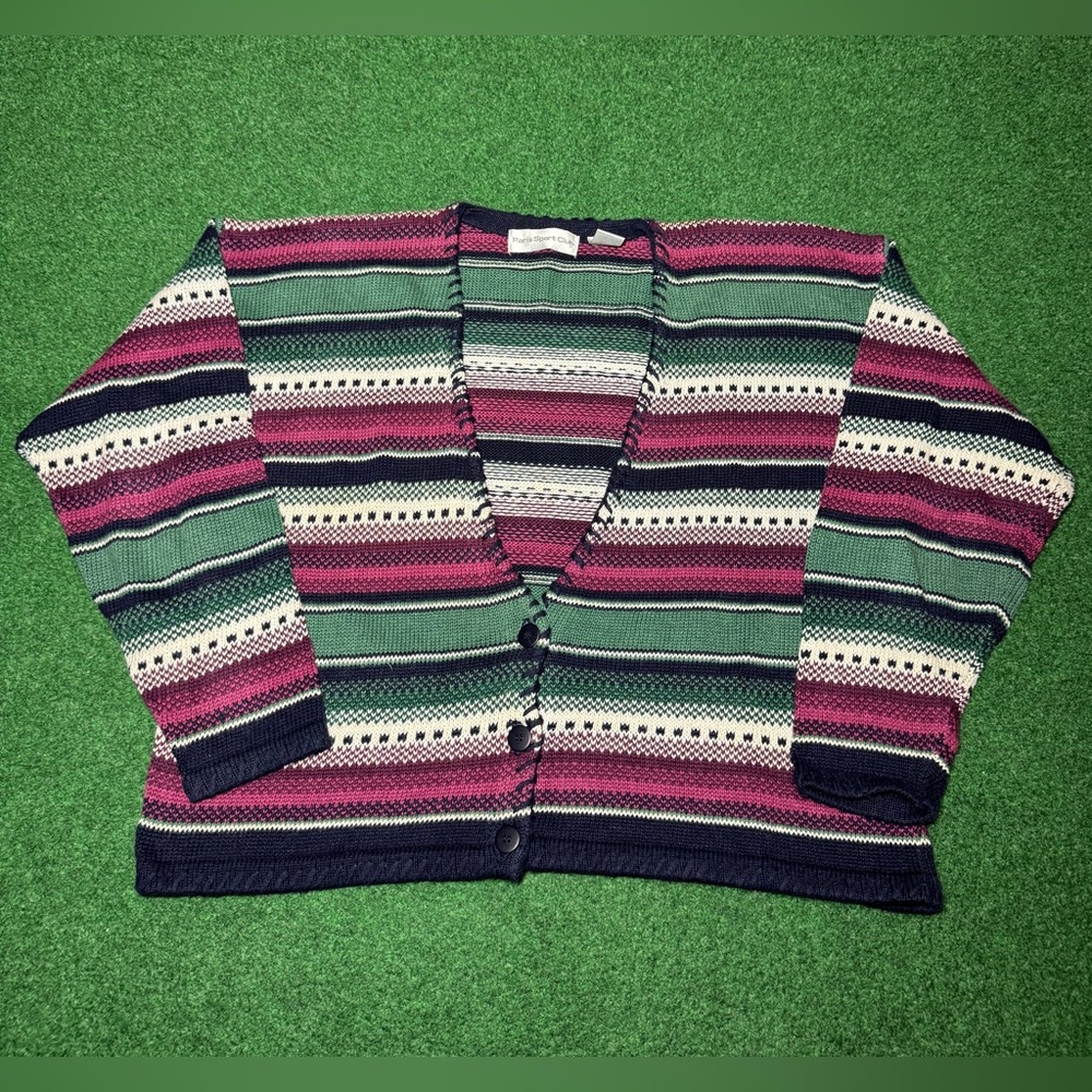 Southwestern Cardigan Paris Sport Vintage 90s Large 23x22 Cropped Boxy Sweater - Picture 1 of 8